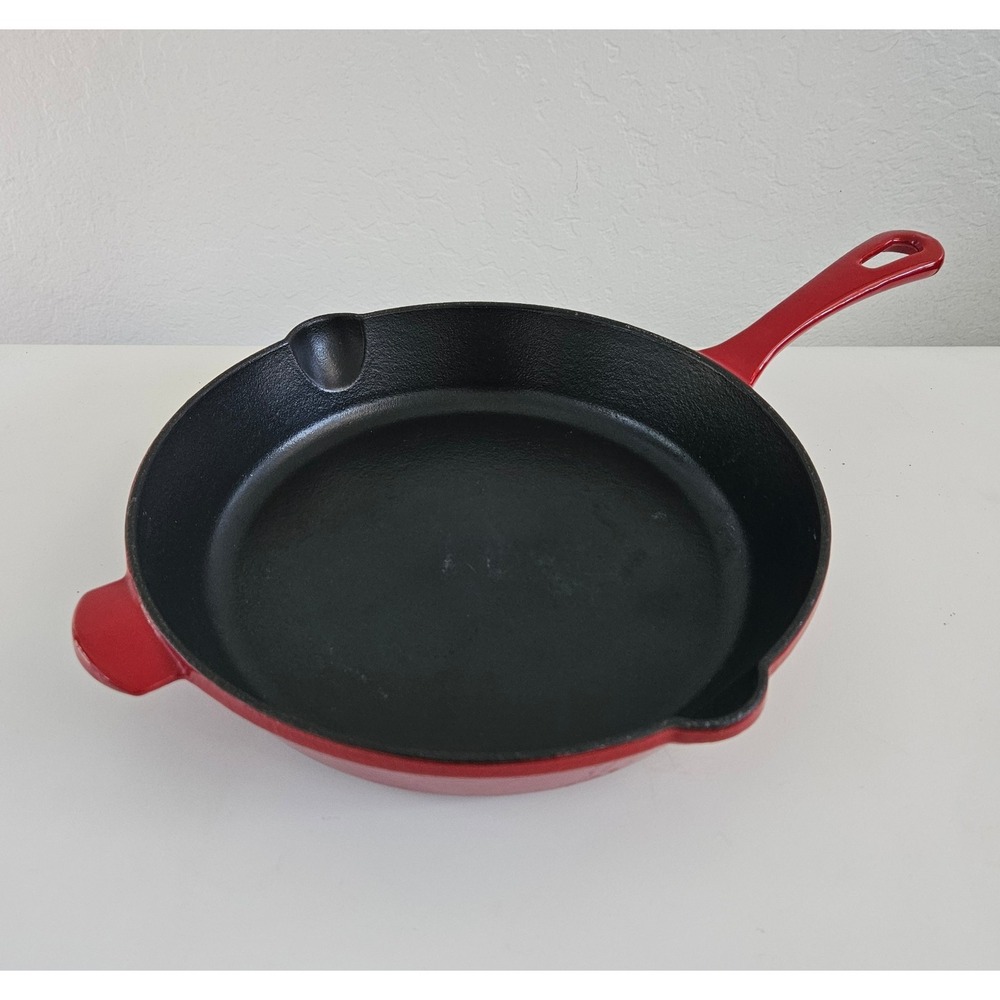 Cuisinart Cast Iron Enamel Skillet 10" Red Frying Pan Duel Pour Spout C122-24